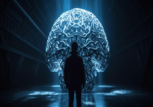 Manipulative Peoplefuturistic businessman pointing glowing abstract brain generated by ai