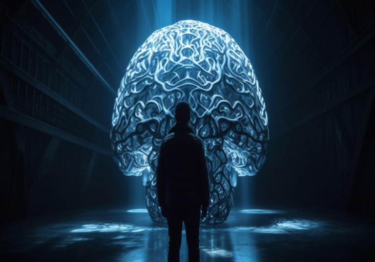 Manipulative Peoplefuturistic businessman pointing glowing abstract brain generated by ai